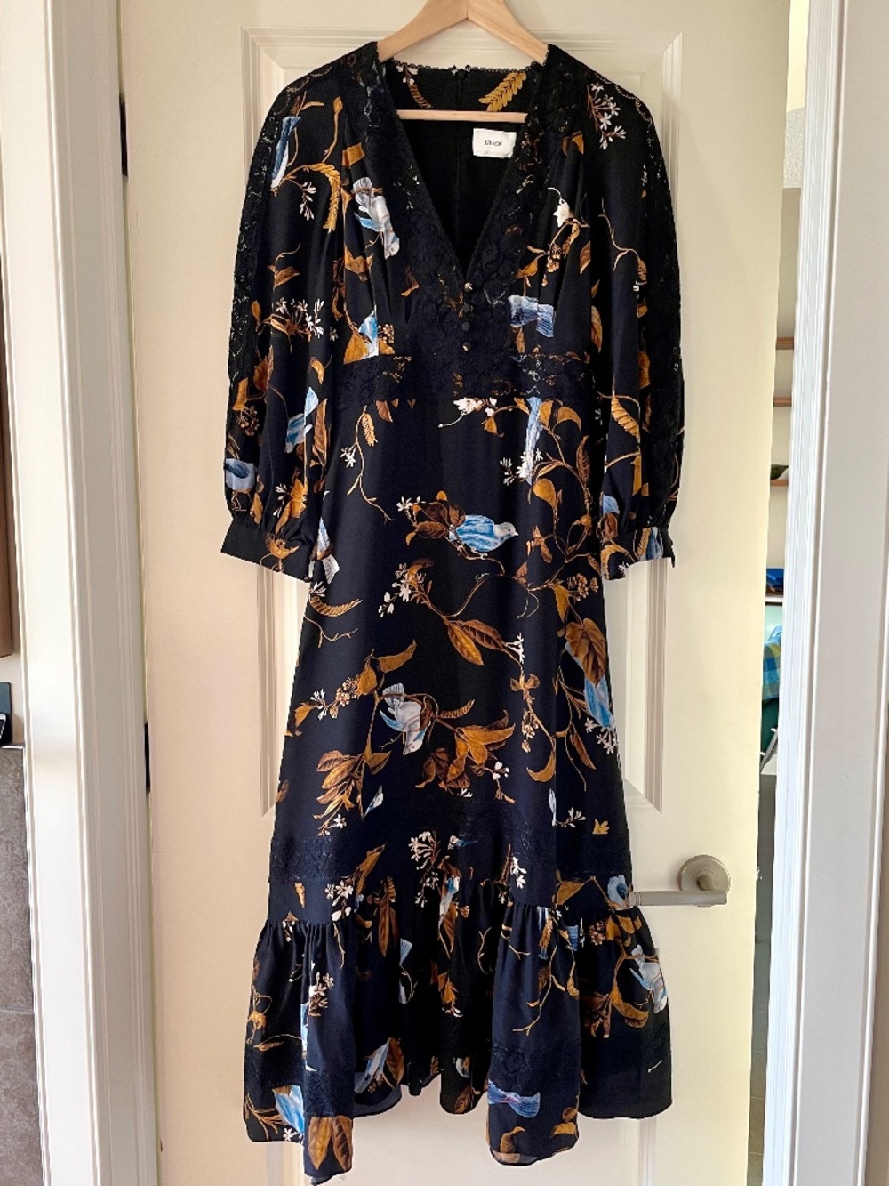 ERDEM Silk and Lace Black Bird Print Midi Dress (US 4 / UK 8)